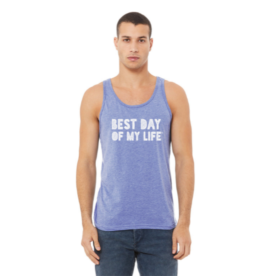 medium-skinner person with short hair wearing a blue tank top with best day of my life written in white block lettering