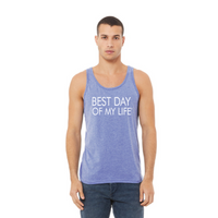 Thumbnail for medium-skinner person with short hair wearing a blue tank top with best day of my life written in white 