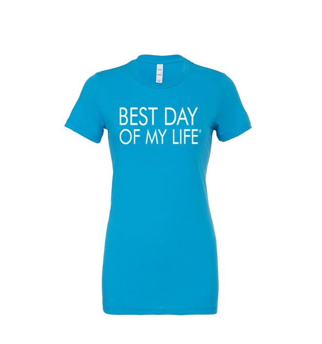 fitted aqua crewneck t-shirt with best day of my life written across in white