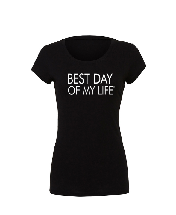 fitted black crewneck t-shirt with best day of my life written across in white 