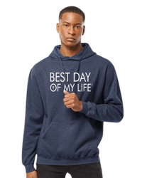 Thumbnail for dark skinned person wearing blue pullover hoodie with best day of my life written in white and a cross in the O