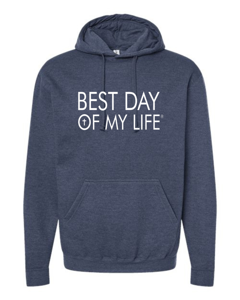 blue pullover hoodie with best day of my life written in white and a cross in the O