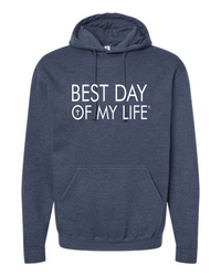 Thumbnail for blue pullover hoodie with best day of my life written in white and a cross in the O