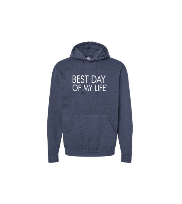 red pullover hoodie with best day of my life written in white