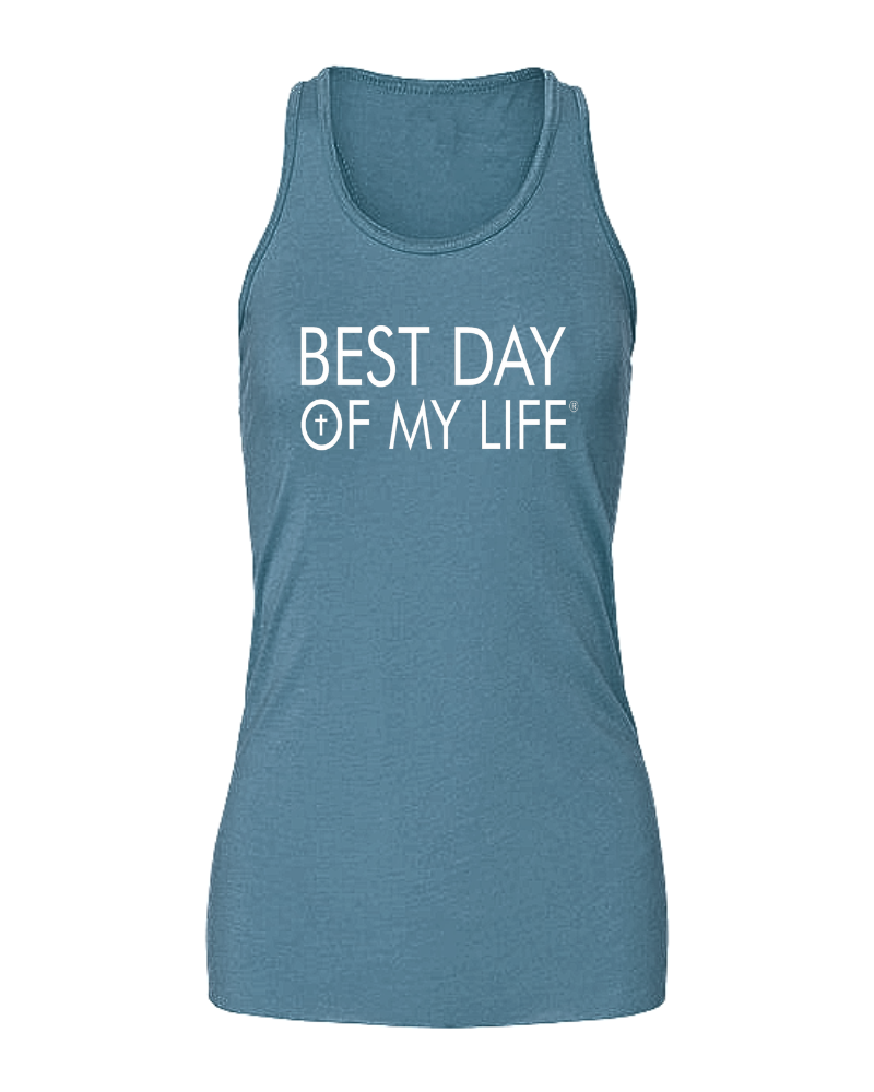 blue tank top with best day of my life written across in white and a cross in the O