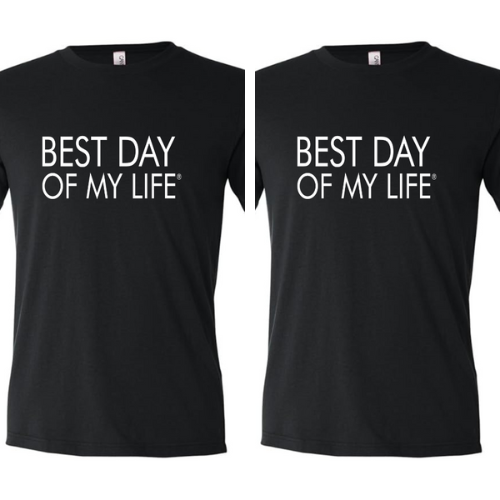 split graphic of two black crewneck tees side by side both with best day of my life written across in white