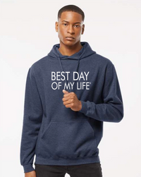 Thumbnail for dark-skinned person with short hair wearing a blue pullover hoodie with best day of my life written in white 